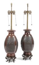 A PAIR OF BRONZED METAL TABLE LAMPS IN JAPANESE STYLE, 20TH CENTURY each of ovoid form cast with