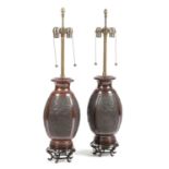 A PAIR OF BRONZED METAL TABLE LAMPS IN JAPANESE STYLE, 20TH CENTURY each of ovoid form cast with