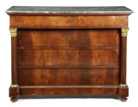 AN EMPIRE MAHOGANY COMMODE EARLY 19TH CENTURY with flame veneers, the mottled grey marble top