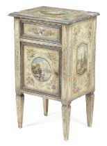 AN ITALIAN PAINTED PINE COMODINO IN NEO-CLASSICAL STYLE, 19TH CENTURY decorated with topographical