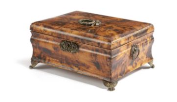 A REGENCY FAUX TORTOISESHELL PYROGRAPHY WORK BOX EARLY 19TH CENTURY of bombé form with gilt brass