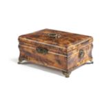 A REGENCY FAUX TORTOISESHELL PYROGRAPHY WORK BOX EARLY 19TH CENTURY of bombé form with gilt brass