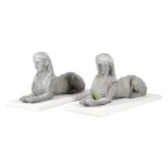 A PAIR OF BULBECK FOUNDRY LEAD GARDEN SPHINXES 20TH CENTURY modelled recumbent, on Haddonstone