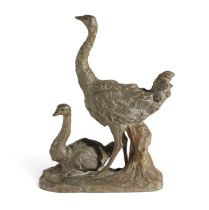 A TERRACOTTA GROUP OF TWO OSTRICHES BY ANTONIO AMORGASTI (BELGIAN, 1880-1942) one standing, the