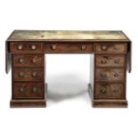 AN UNUSUAL GEORGE III MAHOGANY TWIN PEDESTAL PARTNER'S DESK LATE 18TH CENTURY the drop-leaf top