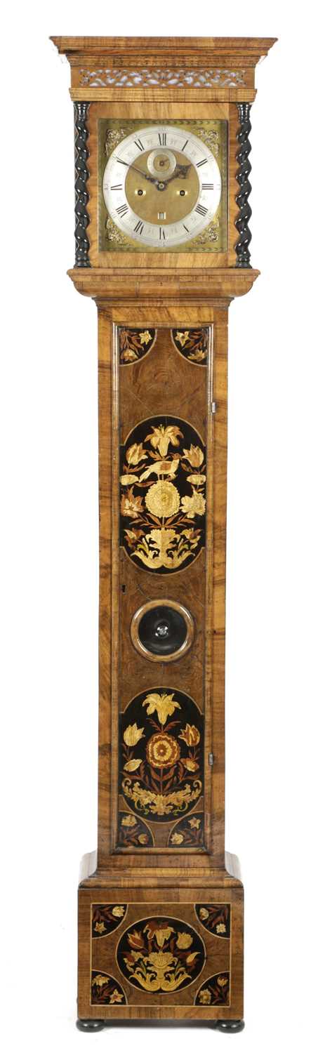A WALNUT AND MARQUETRY LONGCASE CLOCK LATE 17TH CENTURY AND LATER the brass two train movement
