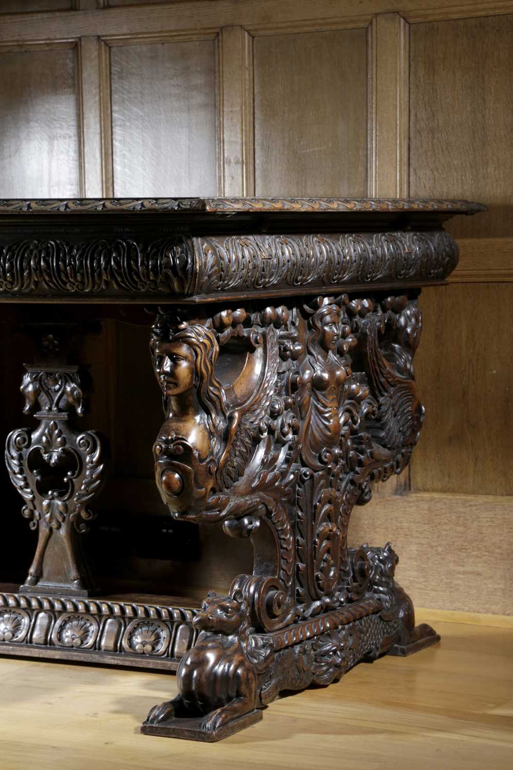 AN ITALIAN WALNUT DRAW-LEAF DINING TABLE IN RENAISSANCE STYLE, IN THE MANNER OF ANGIOLIO BARBETTI ( - Image 2 of 2