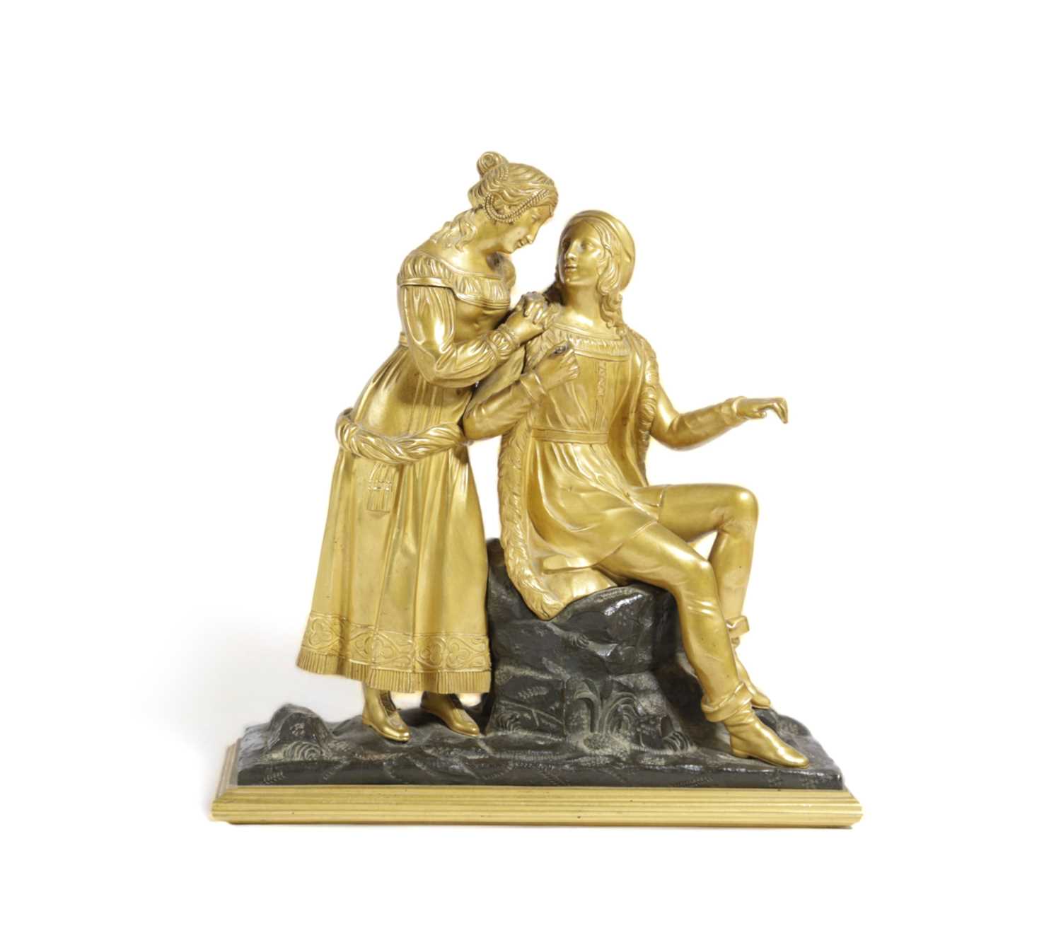 AN ITALIAN GILT AND PATINATED BRONZE GROUP ITALIAN, MID-19TH CENTURY modelled as a scribe seated
