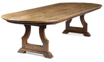 A LARGE FRENCH OAK FARMHOUSE KITCHEN TABLE 19TH CENTURY the boarded top with rounded ends on open