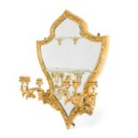 A PAIR OF GILTWOOD AND GESSO GIRANDOLE MIRRORS EARLY 20TH CENTURY of cartouche shape, each with a