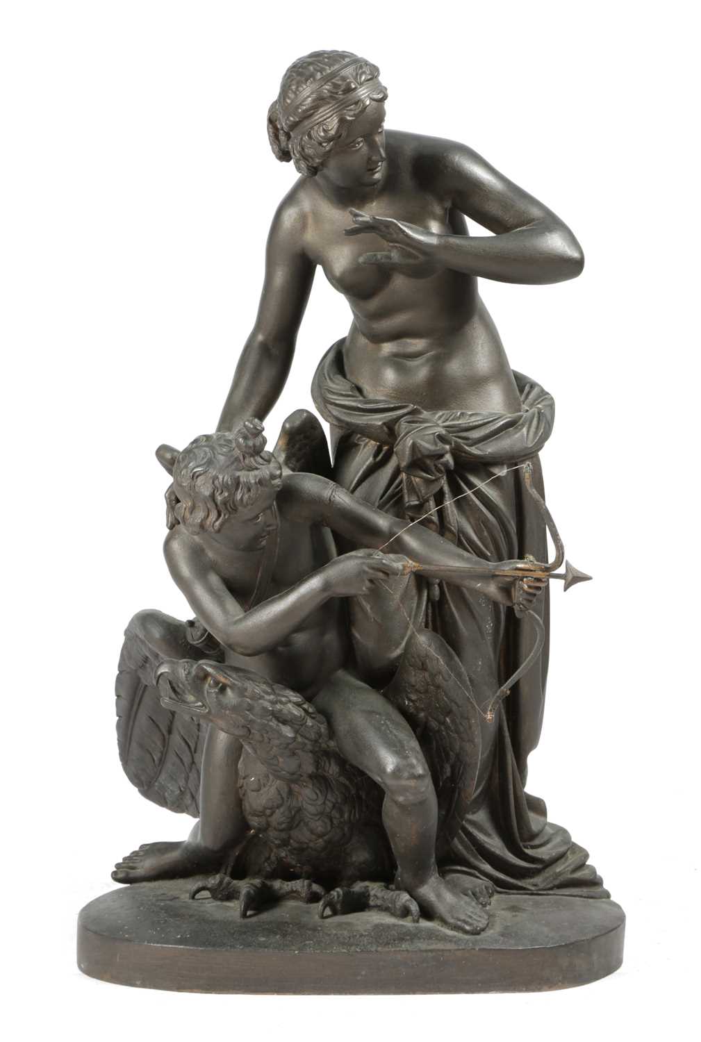 A LARGE BRONZED METAL GROUP OF HEBE AND JUPITER'S EAGLE EARLY 20TH CENTURY modelled as a scantily