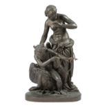 A LARGE BRONZED METAL GROUP OF HEBE AND JUPITER'S EAGLE EARLY 20TH CENTURY modelled as a scantily