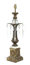 A GILT BRASS AND MARBLE TABLE LAMP LATE 19TH CENTURY with a faceted sphere above flaring acanthus