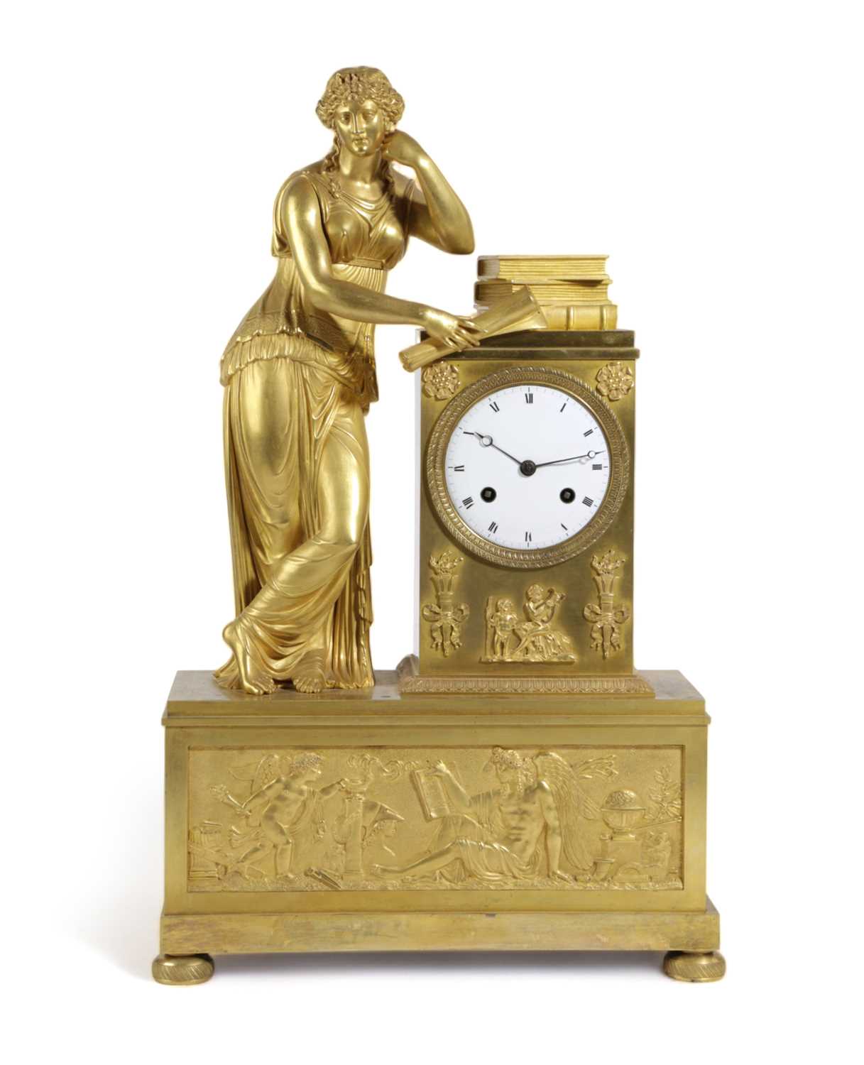 A FRENCH EMPIRE ORMOLU MANTEL CLOCK EARLY 19TH CENTURY the brass eight day movement with a silk