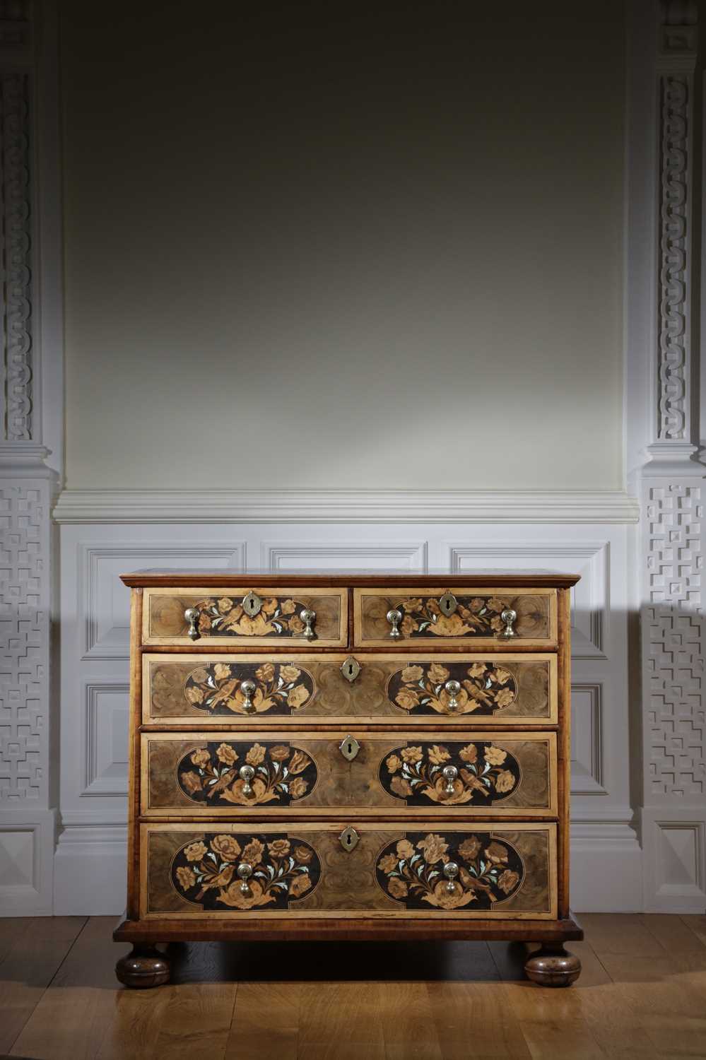 A FINE WILLIAM AND MARY OYSTER VENEERED AND MARQUETRY CHEST LATE 17TH CENTURY inlaid with panels