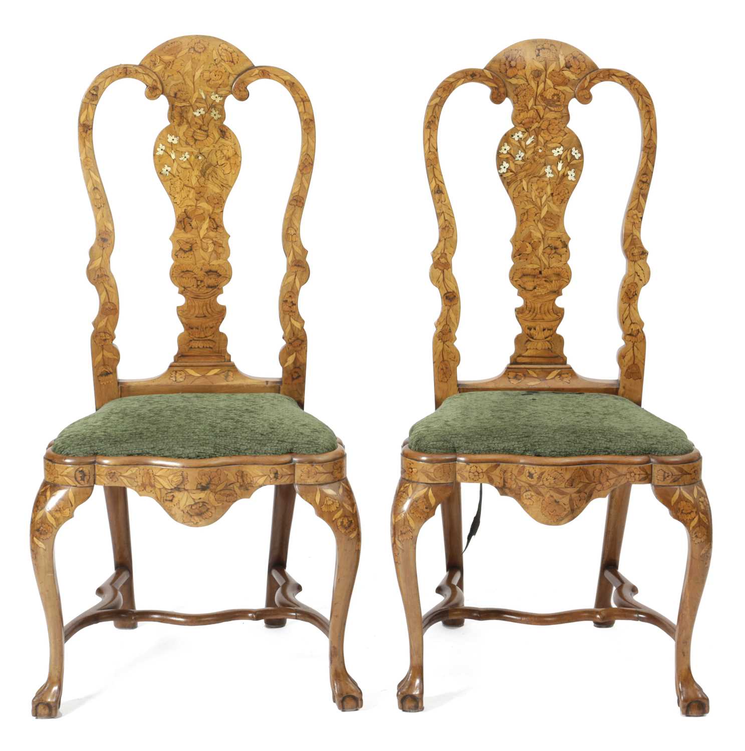 A PAIR OF DUTCH WALNUT AND MARQUETRY SIDE CHAIRS LATE 18TH CENTURY each with an arched back with a