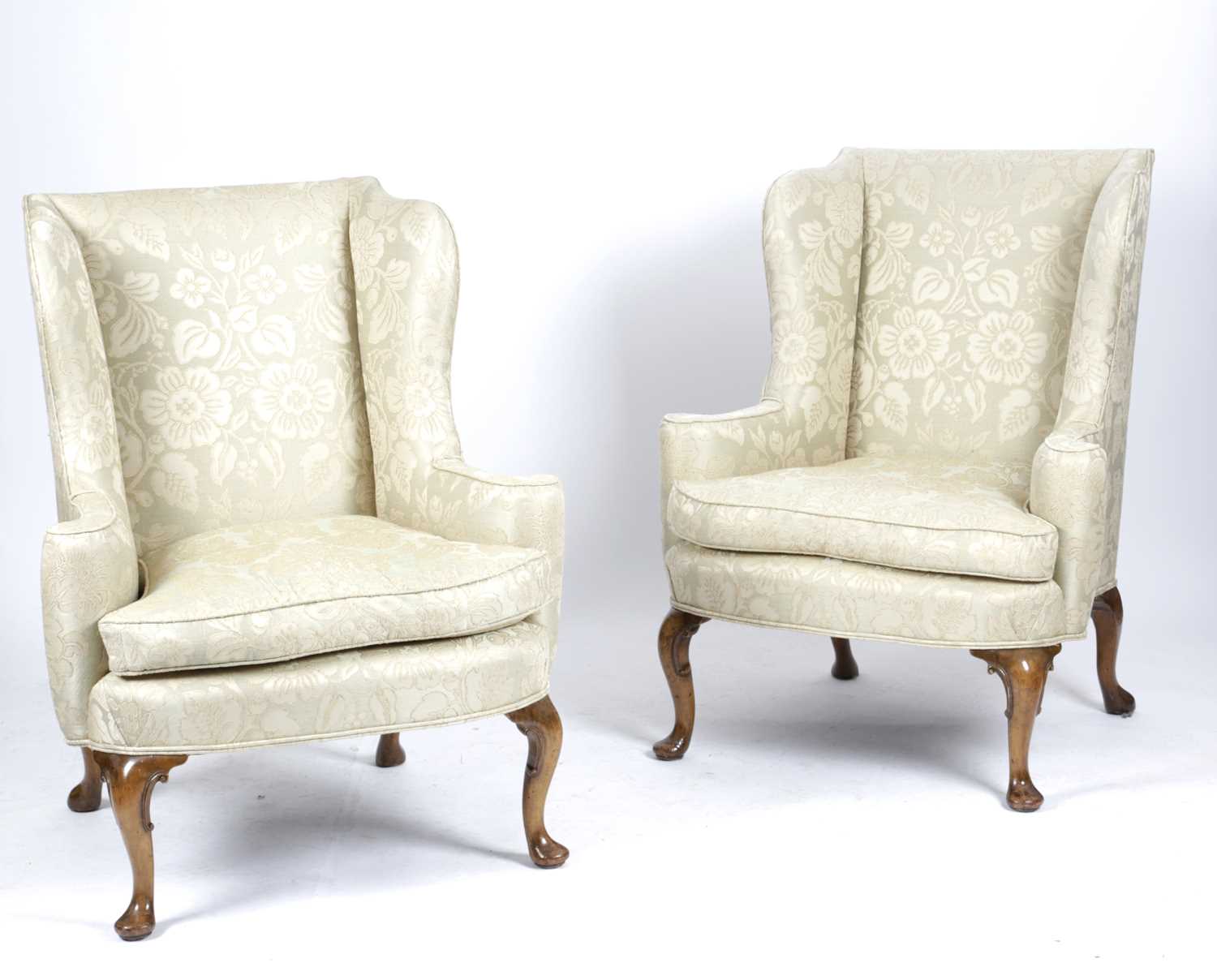 A PAIR WALNUT WING ARMCHAIRS IN QUEEN ANNE STYLE, LATE 19TH CENTURY each with an upholstered back, - Image 2 of 3