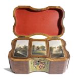 A BELGIAN SPA PAINTED BIRD'S EYE MAPLE TEA CADDY EARLY 19TH CENTURY of concave serpentine form,