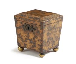 A REGENCY FAUX TORTOISESHELL PYROGRAPHY TEA CADDY EARLY 19TH CENTURY of tapering form with a