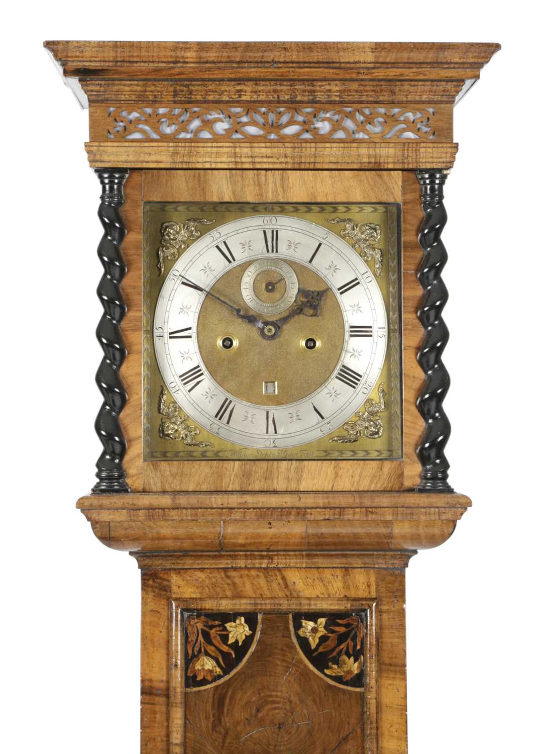 A WALNUT AND MARQUETRY LONGCASE CLOCK LATE 17TH CENTURY AND LATER the brass two train movement - Image 2 of 2