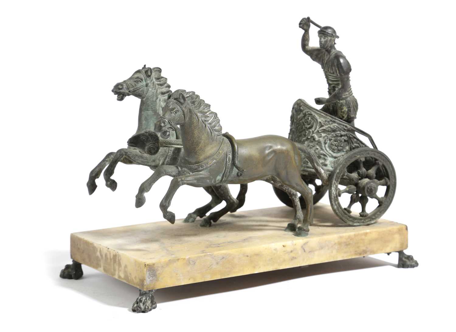 AN ITALIAN BRONZE GRAND TOUR CHARIOTEER GROUP AFTER THE ANTIQUE, 19TH CENTURY with two galloping