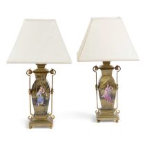 A PAIR OF FRENCH BRASS AND ENAMELLED VASE TABLE LAMPS LATE 19TH CENTURY each of twin handled