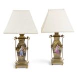 A PAIR OF FRENCH BRASS AND ENAMELLED VASE TABLE LAMPS LATE 19TH CENTURY each of twin handled