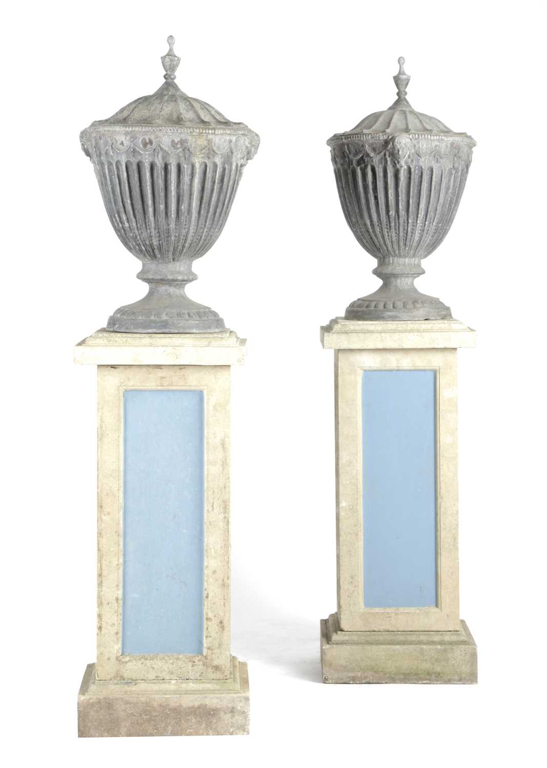 A PAIR OF BULBECK FOUNDRY LEAD GARDEN FINIAL URNS IN ADAM STYLE, 20TH CENTURY of fluted form with - Image 2 of 2