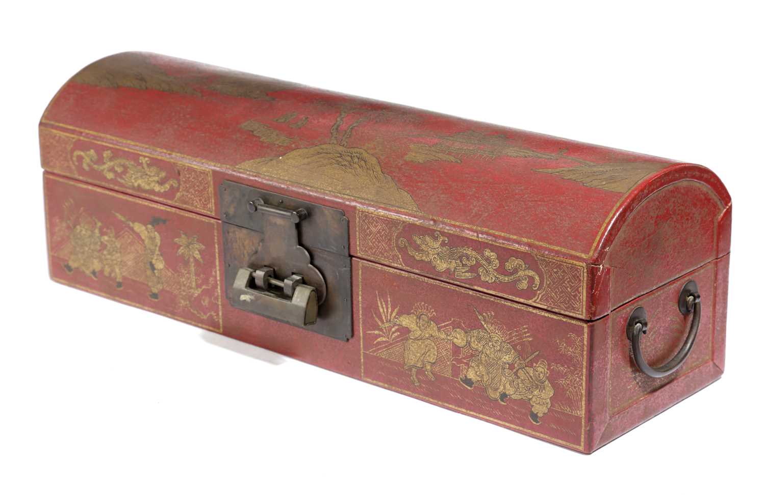 A CHINESE RED LACQUER DOMED BOX AND COVER 20TH CENTURY with painted and gilt lakeside and figural