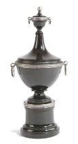 A FRENCH EBONY AND WHITE METAL MOUNTED SEWING URN EARLY 19TH CENTURY the finial unscrewing to reveal