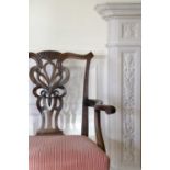 A PAIR OF MAHOGANY ARMCHAIRS IN GEORGE III STYLE, 19TH CENTURY each with scroll top rail centred