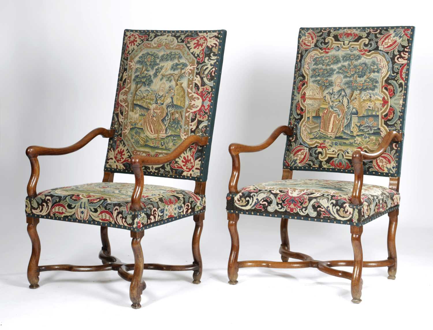 A PAIR OF WALNUT ARMCHAIRS LATE 17TH CENTURY each with a back and seat upholstered in 18th century - Image 2 of 4