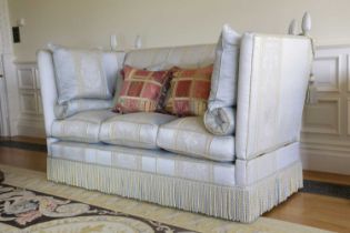 A PAIR OF KNOLE SOFAS BY PAUL HITCHINGS, MODERN each covered in pale blue and yellow silk damask,