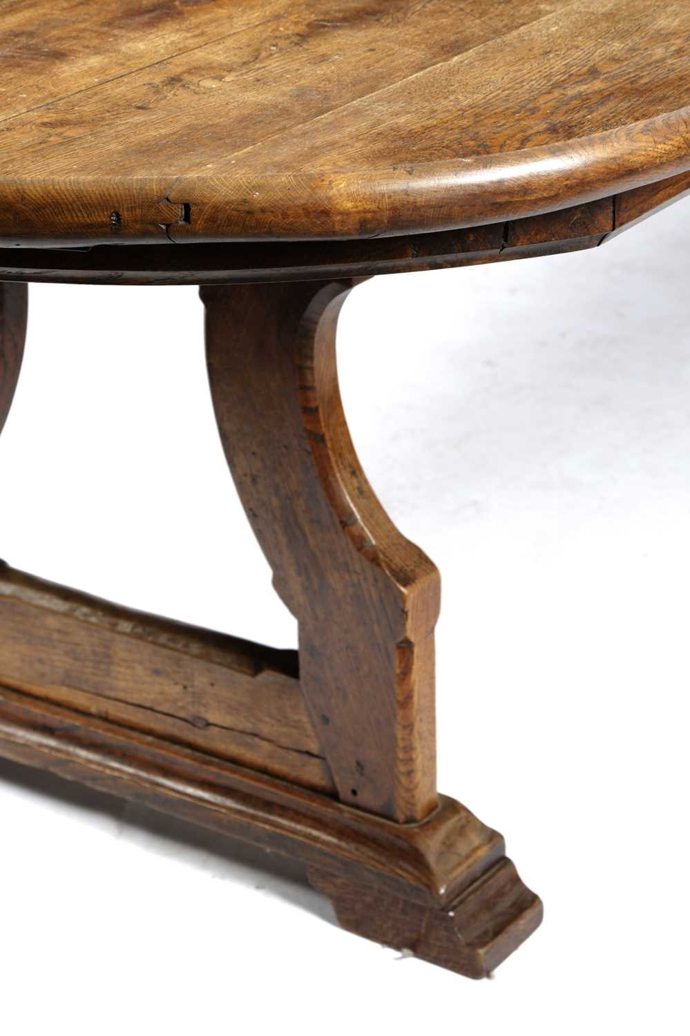 A LARGE FRENCH OAK FARMHOUSE KITCHEN TABLE 19TH CENTURY the boarded top with rounded ends on open - Image 2 of 4