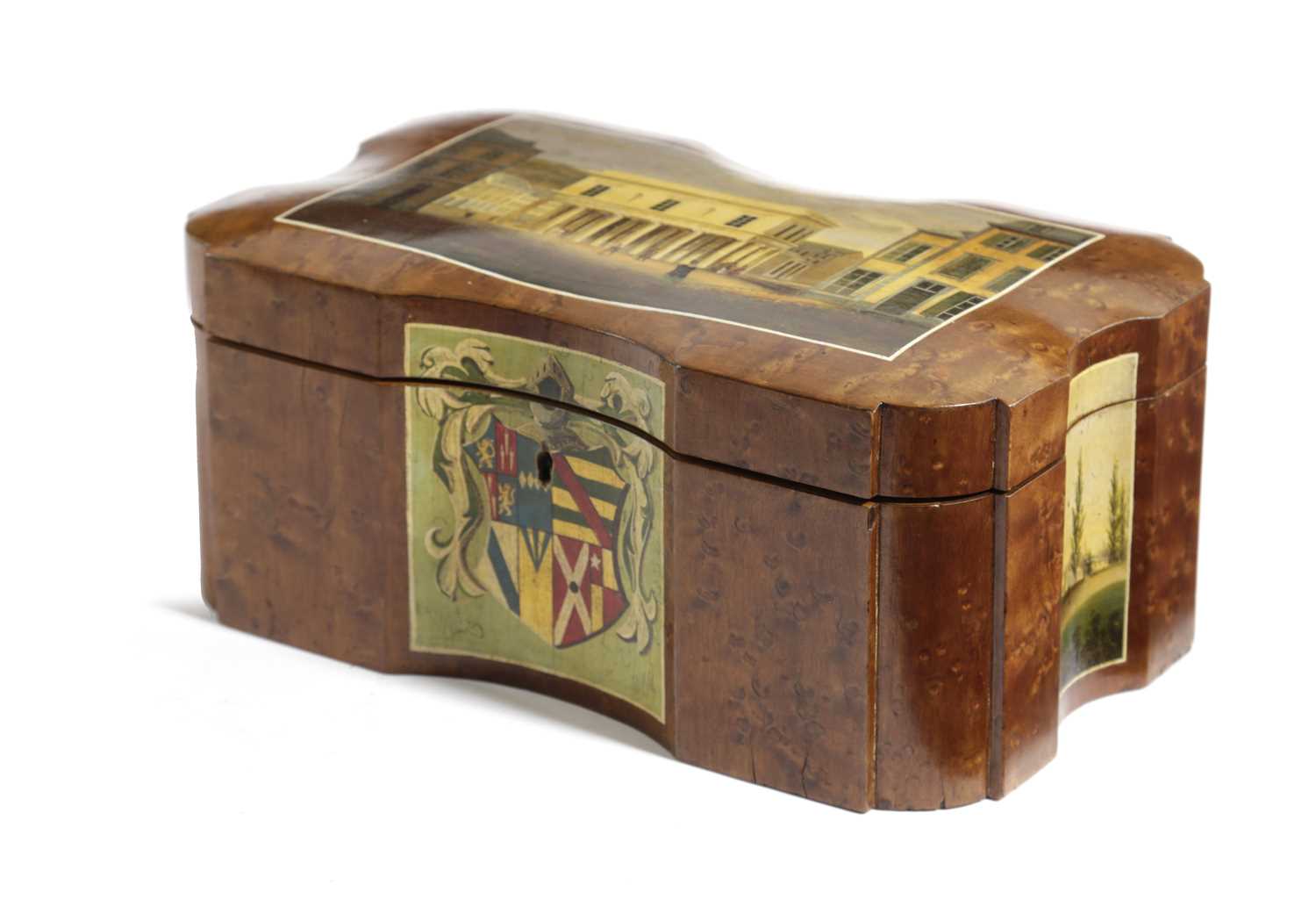 A BELGIAN SPA PAINTED BIRD'S EYE MAPLE TEA CADDY EARLY 19TH CENTURY of concave serpentine form, - Image 3 of 3