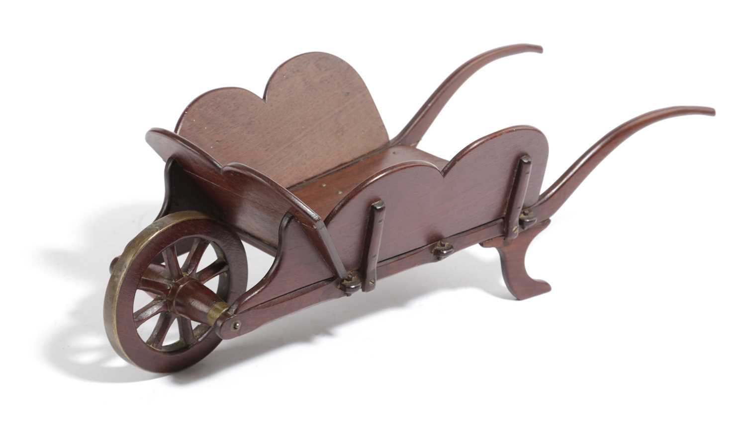 A NOVELTY MAHOGANY MINIATURE WHEELBARROW LATE 19TH / EARLY 20TH CENTURY with brass studs and wheel