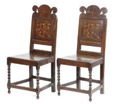 A PAIR OF WILLIAM AND MARY OAK SIDE CHAIRS POSSIBLY YORKSHIRE, LATE 17TH CENTURY each with a fret
