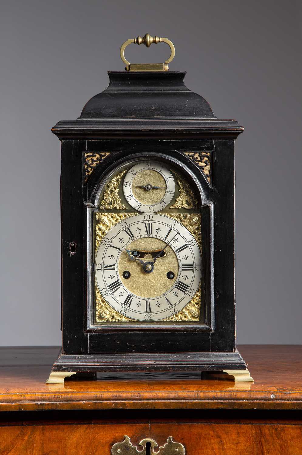 AN EBONY TABLE CLOCK 18TH CENTURY AND LATER the brass twin fusee movement with an anchor - Image 2 of 2