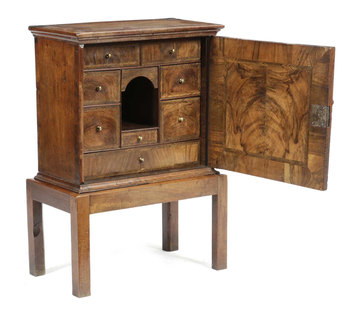 A QUEEN ANNE WALNUT SPICE CUPBOARD EARLY 18TH CENTURY with cross and feather banding, the hinged - Image 2 of 2