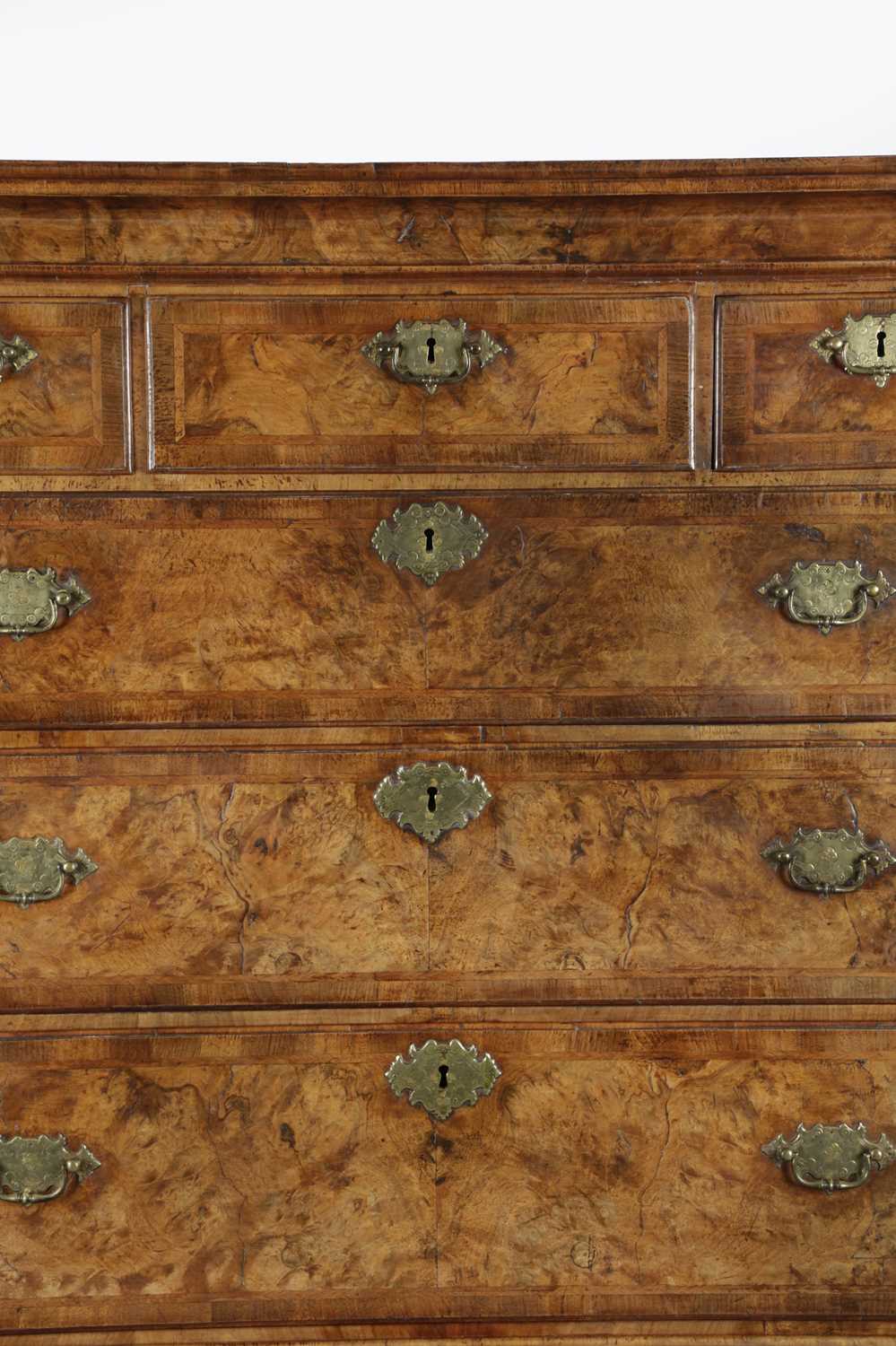 A GEORGE II WALNUT CHEST ON CHEST C.1735 with cross and feather banding and fitted with three - Image 2 of 2