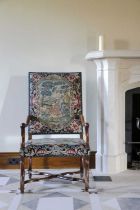 A PAIR OF WALNUT ARMCHAIRS LATE 17TH CENTURY each with a back and seat upholstered in 18th century