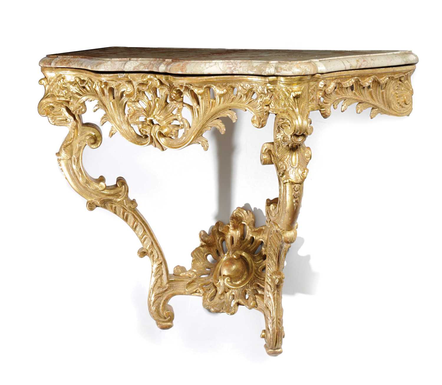 A GEORGE II GILTWOOD CONSOLE TABLE C.1755-60 in the French manner, the pink mottled marble top