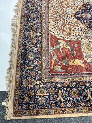 AN UNUSUAL INDIAN CARPET C.1960 the ivory field with trees, vines and mythological animals around - Image 2 of 18