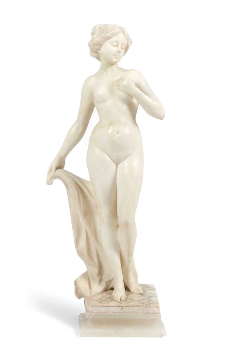 AN ITALIAN WHITE MARBLE FIGURE OF A MAIDEN IN THE MANNER OF CIPRIANI modelled as a nude young lady