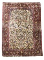 A KASHAN SILK PRAYER RUG C.1930 the ivory field with a tree of life beneath the Mihrab enclosed by