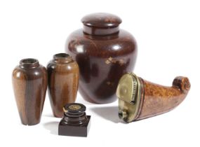 A COLLECTION OF TREEN 19TH CENTURY AND LATER comprising: a burr maple and brass pipe bowl, a pair of