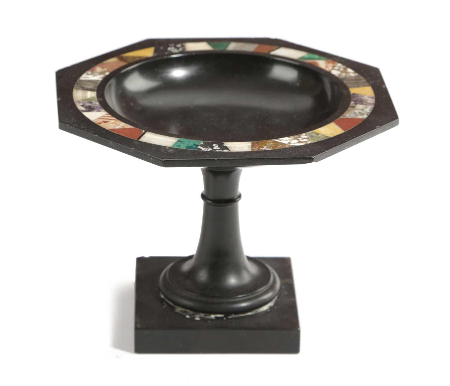 A VICTORIAN ASHFORD BLACK MARBLE AND PIETRA DURA TAZZA LATE 19TH CENTURY inlaid with a band of
