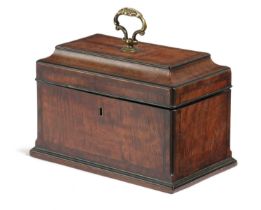 A GEORGE III MAHOGANY AND EBONY TEA CADDY IN CHIPPENDALE STYLE, C.1770-80 with a brass swing