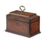 A GEORGE III MAHOGANY AND EBONY TEA CADDY IN CHIPPENDALE STYLE, C.1770-80 with a brass swing