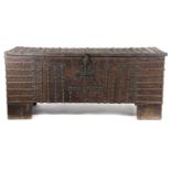 A LARGE GERMAN OAK AND IRON BOUND CHEST OR STOLLENTRUHE WESTPHALIAN, 15th / 16TH CENTURY with